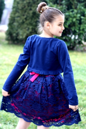 Официална детска дантелена рокля в тъмносиньо с болеро
