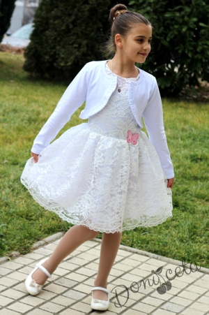 Официална детска дантелена рокля в бяло с болеро