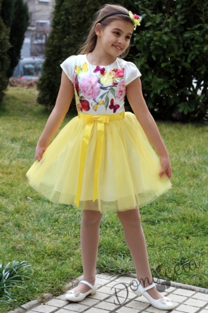 Официална детска рокля с тюл в жълто