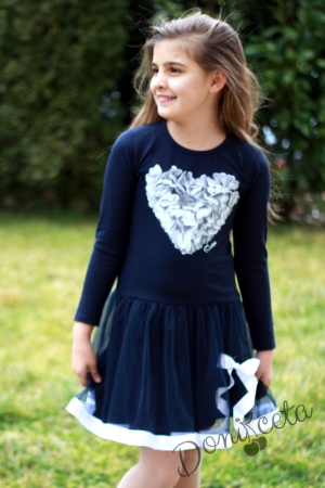 Детска рокля с дълъг ръкав в тъмносиньо със сърце Тихомирка