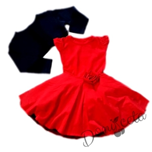 Детска рокля с къс ръкав в червено с болеро в тъмносиньо
