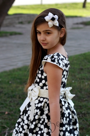Официална детска/бебешка рокля Неделина в черно на бели точки