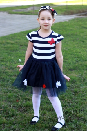 Детска рокля в тъмносиньо Тамара с тюл и  с пъстри цветя