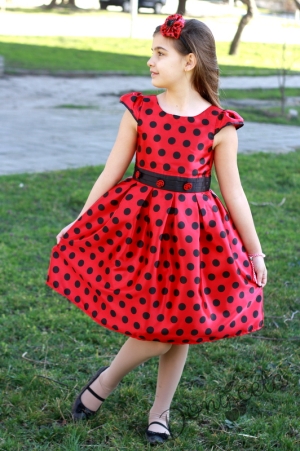 Официална детска рокля в червено на черно точки 271К