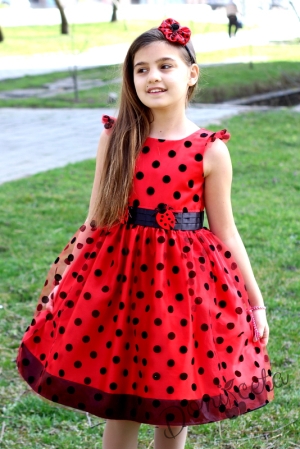 Официална детска рокля в червено на черни точки 271К