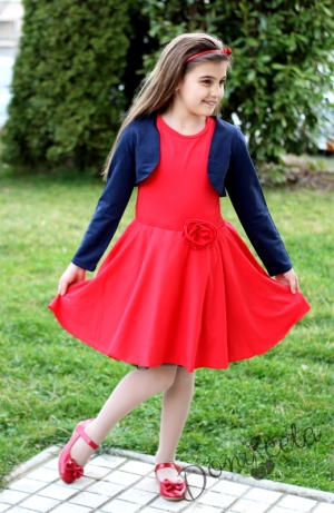 Детска рокля с къс ръкав в червено с болеро в тъмносиньо