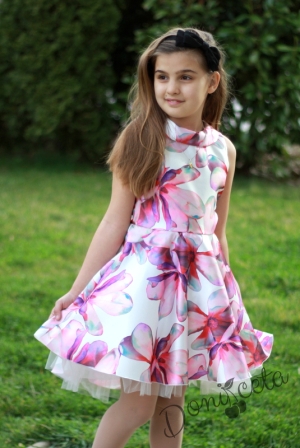 Официална детска рокля  с цветя в циклама