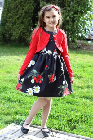 Детска рокля  в черно с черешки и болеро в червено