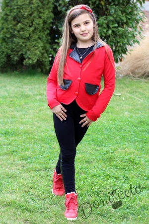 Детско-юношеско сако в червено и клин с кожени елементи