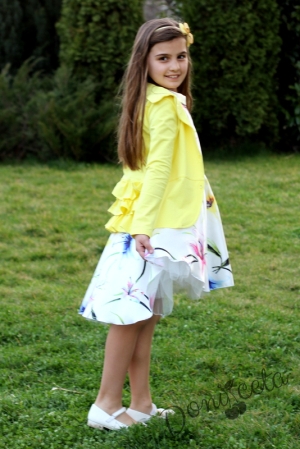 Комплект от официална детска рокля Аглая с пъстри цветя  и сако в жълто