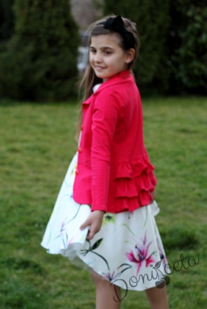 Комплект от официална детска рокля  с пъстри цветя  и сако в цвят малина
