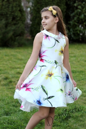 Комплект от официална детска рокля  с пъстри цветя  и сако в цвят малина