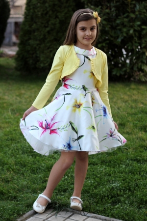Комплект от официална детска рокля Аглая  с пъстри цветя  и болеро в жълто