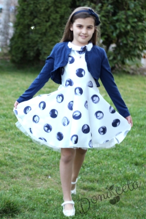 Комплект от официална детска рокля  на точки в тъмносиньо с късо болеро