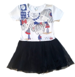 Лятна детска рокля с тюл в тъмносиньо с момичнце и тюл