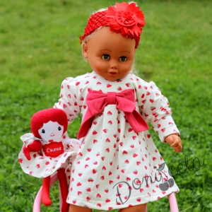 Комплект от рокля с дълъг ръкав с червени сърца със сувенир персонална кукла 