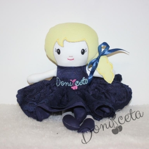 Комлект от официална детска дантелена рокля в тъмносиньо със сувенир кукла 