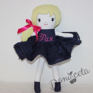 Комлект от официална детска дантелена рокля в тъмносиньо със сувенир кукла 