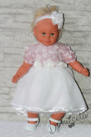 Официална детска/бебешка рокля с тюл в бяло и пепел от рози за шаферка или кръщене