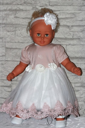 Официална детска рокля в бяло и прасковено за шаферка или кръщене