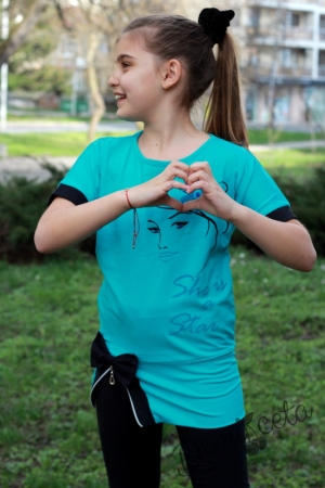 Детски комплект за момиче от туника с къс ръкав  в синьо с клин 