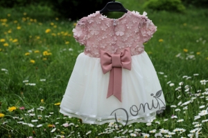 Официална детска/бебешка рокля с тюл в бяло и пепел от рози за шаферка или кръщене