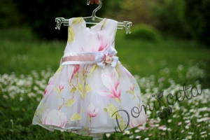 Официална детска рокля в бяло с цветя 