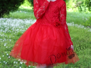 Официална детска рокля с дълъг ръкав в червено с дантела и тюл