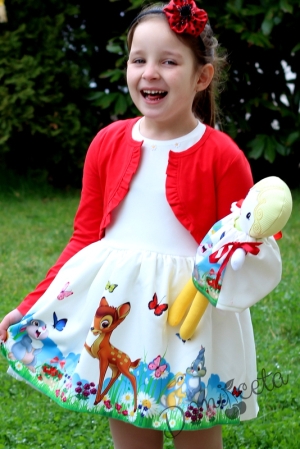 Комплект от рокля от неопрен с пролетен десен, болеро в червено и кукла