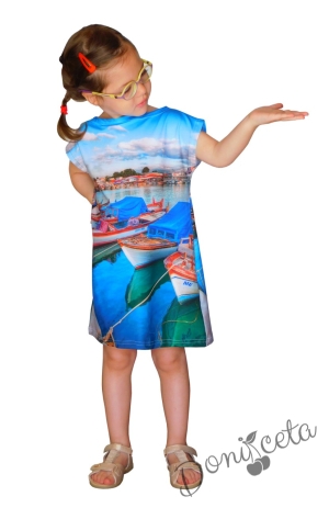 Лятна детска рокля с морски пейзаж всветлосиньо 
