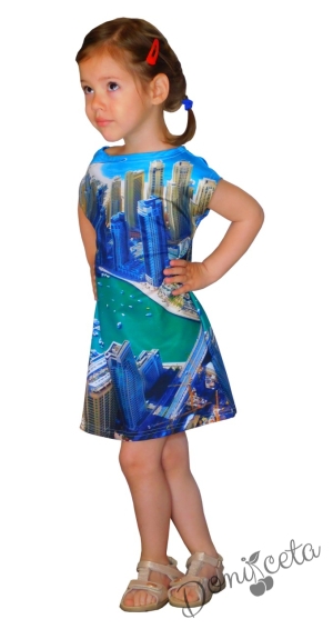 Детска лятна рокля  в светлосиньо с градски пейзаж