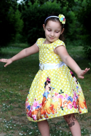 Официална детска рокля Мила в жълто на точки с принцеси 