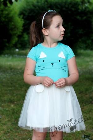 Детска рокля с къс ръкав в тюркоаз/мента и бяло