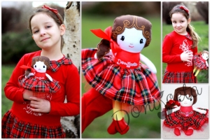 Комплект от ватирана детска рокля с каре с кукла