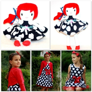 Комплект от детска рокля  с болеро в червено и аксесоар-кукла с рокличка в същия десен