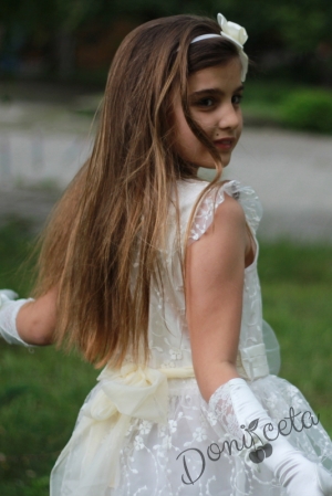 Официална детска дълга рокля от дантела в  екрю