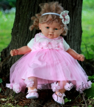 Официална бебешка рокля в розово с 3D розички и с тюл