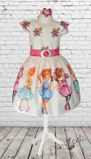 Официална детска рокля Мими в в бяло с момиченца и коланче в малина