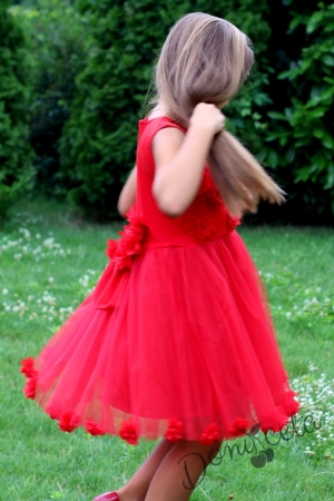 Официална детска рокля в червено без ръкав с 3D розички и голяма панделка отзад