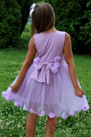 Официална детска рокля  Лидивиана в лилаво с 3D рози и тюл с голяма панделка отзад