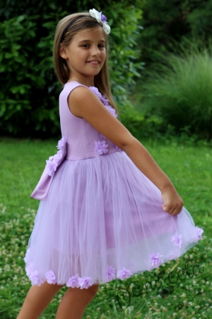 Официална детска рокля  Лидивиана в лилаво с 3D рози и тюл с голяма панделка отзад
