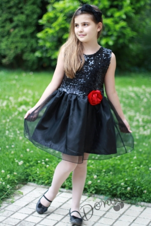 Официална детска рокля в черно с пайети с болеро в червено