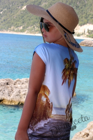 Детска лятна рокля за момиче с морски пейзаж и палми