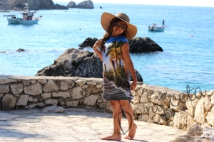 Детска лятна рокля за момиче с морски пейзаж и палми