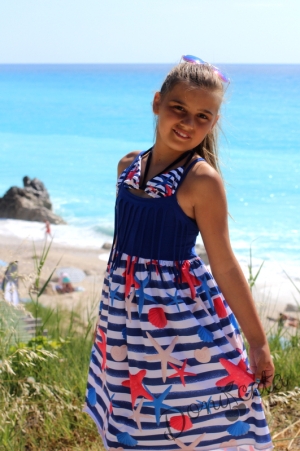 Детска лятна рокля с морски мотиви с лента