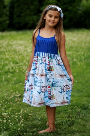 Лятна детска рокля с морски мотиви с лента