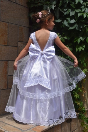Официална детска дълга рокля в бяло с гол гръб-212БГГ