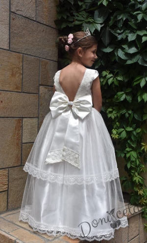 Официална детска дълга рокля в екрю с гол гръб