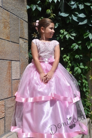 Официална детска дълга рокля в розово с гол гръб