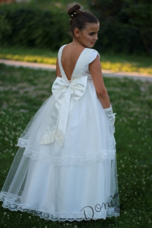 Официална детска дълга рокля в екрю с гол гръб